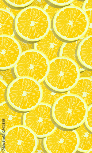 Lemon fruits slice seamless pattern overlapping with shadow. citrus fruits vector illustration.