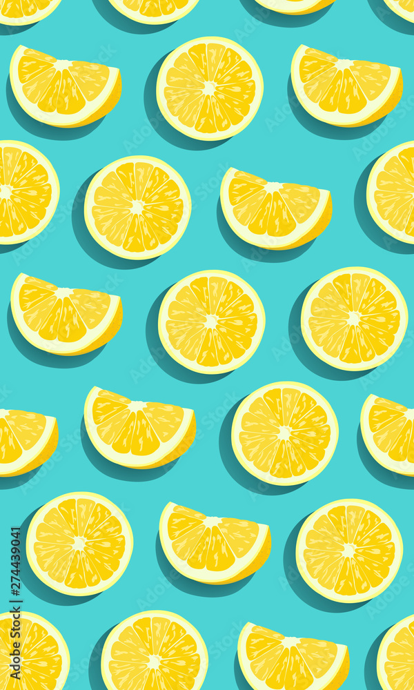 Lemon fruits slice seamless pattern on green blue background. citrus fruits vector illustration.