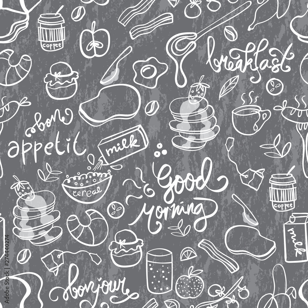 Seamless pattern with breakfast meal and lettering on chalkboard. Vector illustration. Design for kitchen, cafe, restaurant or bakery shop.