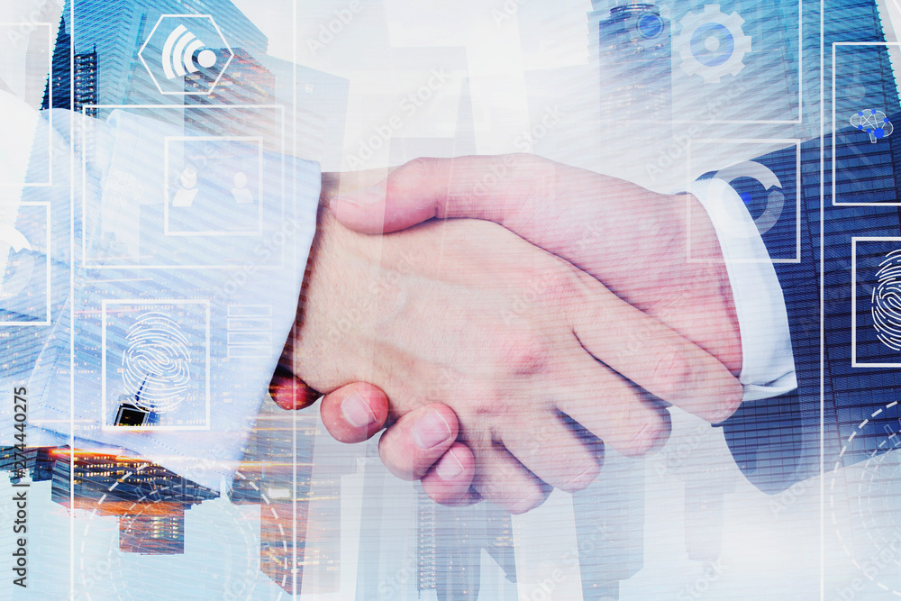 Hand shakers in city, digital interface Hand shakers in city, digital interface