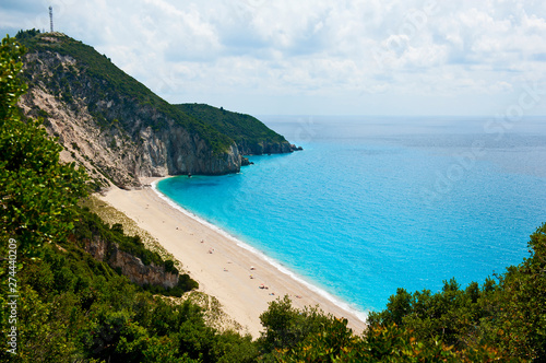 Blue sea on the Milos beach in Lefkada island, Greece.