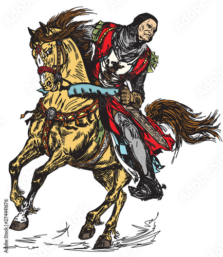 Medieval knight riding his horse in the gallop. Graphic style isolated vector illustration 