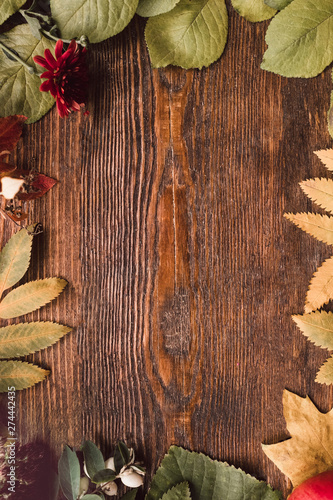 Autumn floral background. Fall leaves arranged in frame on wooden board. Copy space.
