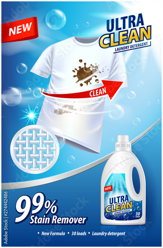Laundry detergent, stain remover ad template. Ads poster design on blue background with white t-shirt. Vertical Vector illustration