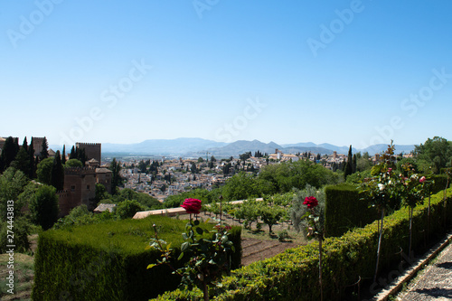 View of the Alhambra, opening from the alley in the gardens of Generalife, Granada, Andalusia, Spain