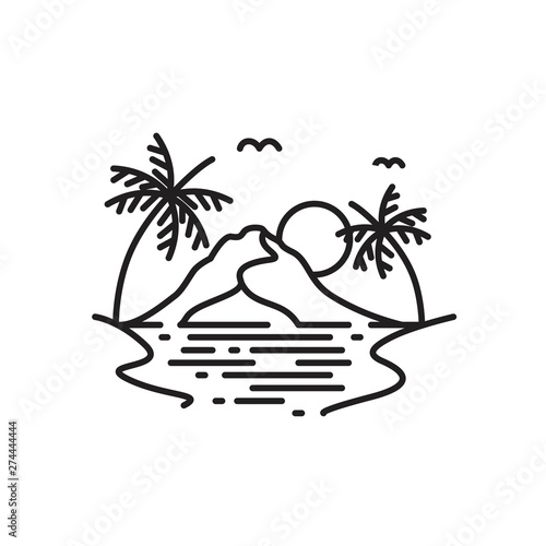 Beach with palm tree and mountain line art illustration logo design
