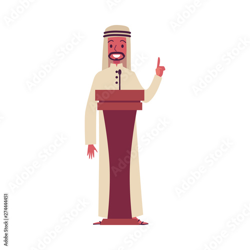 Arab cartoon character giving presentation speech on lectern podium