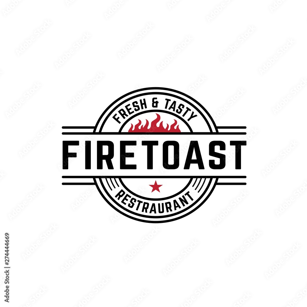 Classic circle seal restaurant logo design with fire illustration