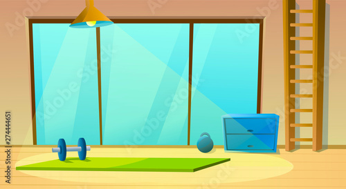 Fitness room for yoga window and dumbbells. Meditation. Sport interior . Healthy gymnastic. Vector