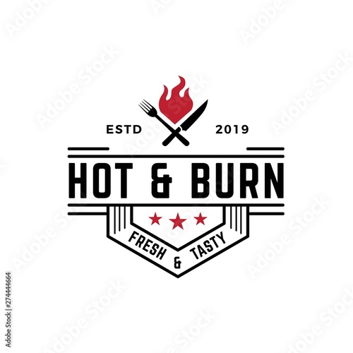 Classic restaurant logo design with fire, pork and knife illustration