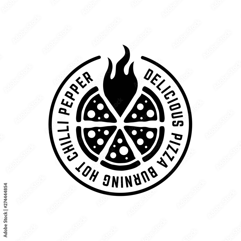 Monochrome circle pizza logo with flame and text around Stock Vector