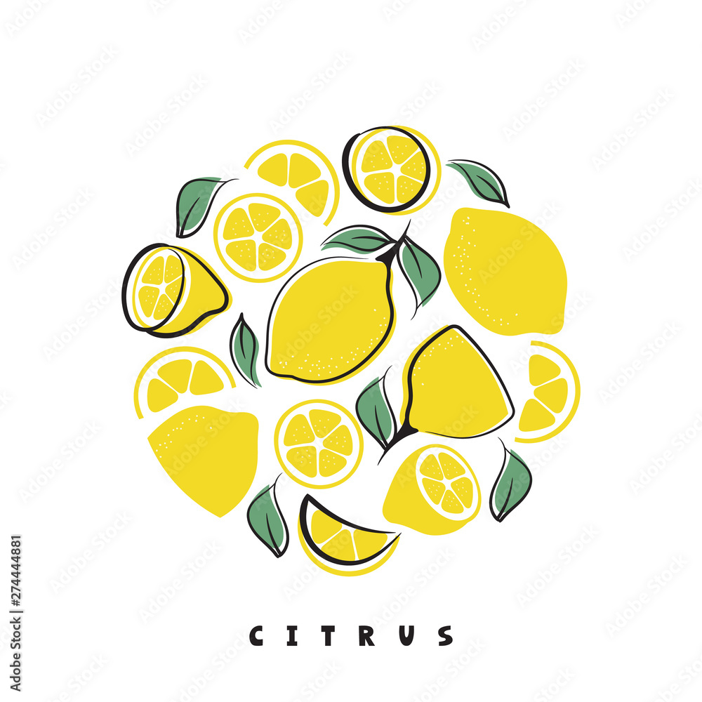 Lemon summer card of hand drawn fruit shapes