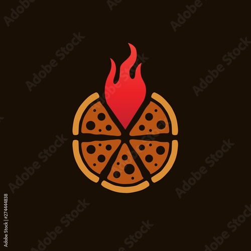 Circle pizza with red flame hot pepper restaurant logo