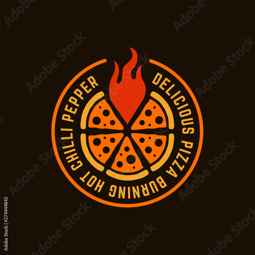 Circle pizza logo with red flame hot pepper and text around