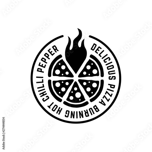 Monochrome circle pizza logo with flame and text around