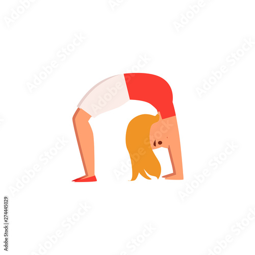 Blonde girl in yoga wheel pose - isolated cartoon drawing of healthy child doing upward facing bow