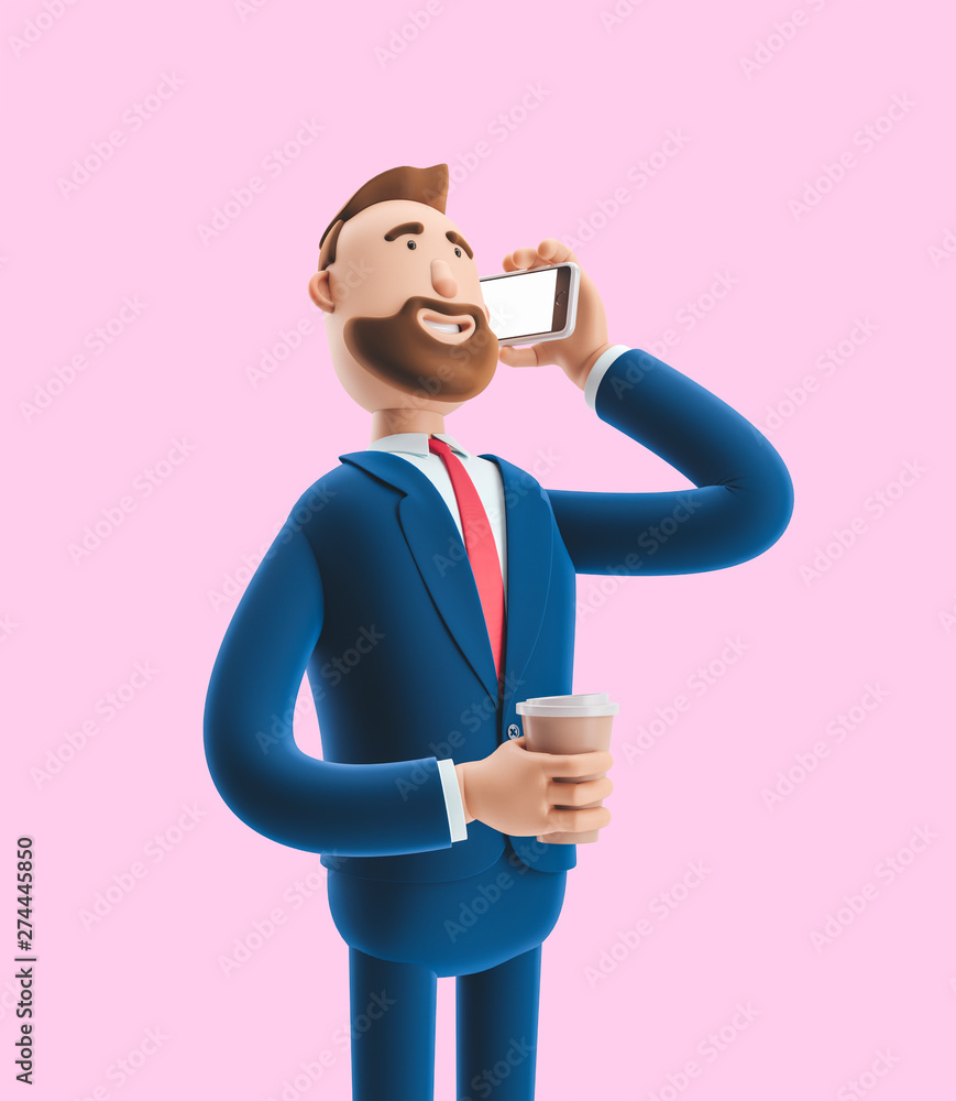 cartoon character talking on the phone and holding coffee. 3d illustration on pink background cartoon character talking on the phone and holding coffee. 3d illustration on pink background