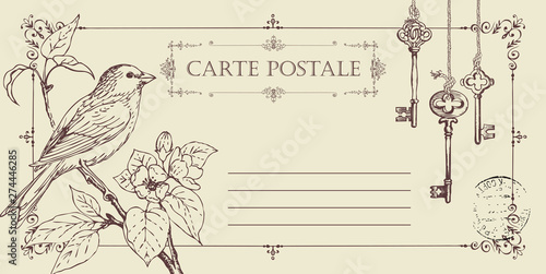 Vector greeting card or retro postcard with little hand-drawn bird on branch of flowering tree. Romantic vector card in vintage style with place for text and postmark in frame with curls