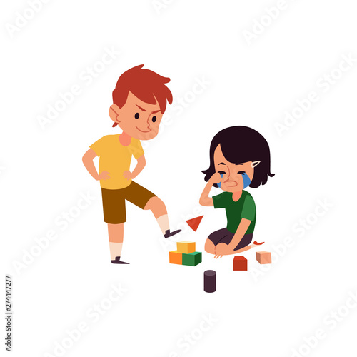 Boy with bad behaviour bullying crying girl, cartoon kid kicking his sister's toy cubes