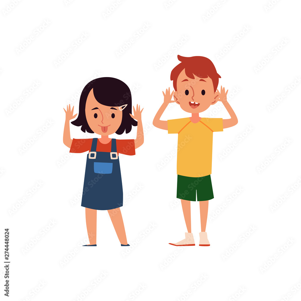 Cartoon girl and boy with mock and taunting facial expression