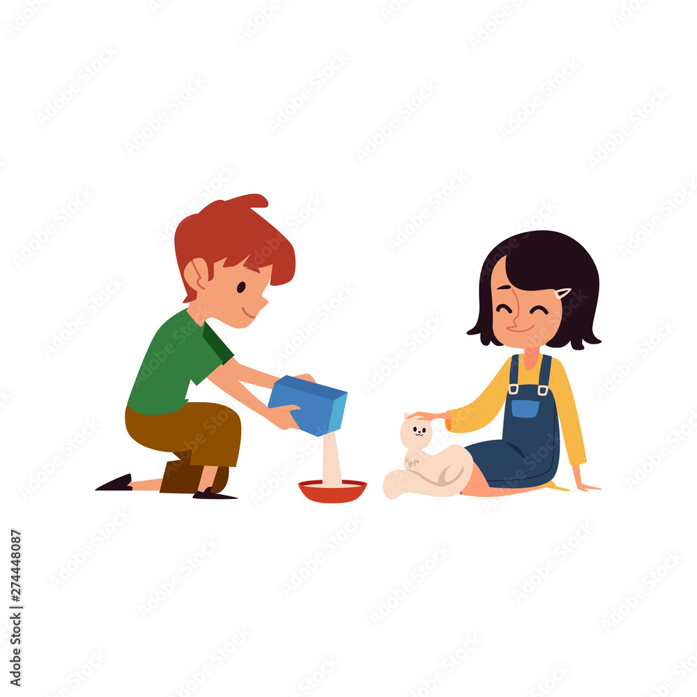 Kind kids feeding a stray white cat, cute cartoon boy and girl pour food into cat's bowl and pet it Kind kids feeding a stray white cat, cute cartoon boy and girl pour food into cat's bowl and pet it