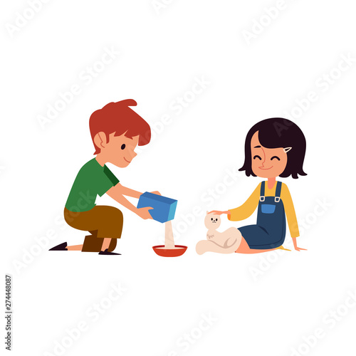 Kind kids feeding a stray white cat, cute cartoon boy and girl pour food into cat's bowl and pet it