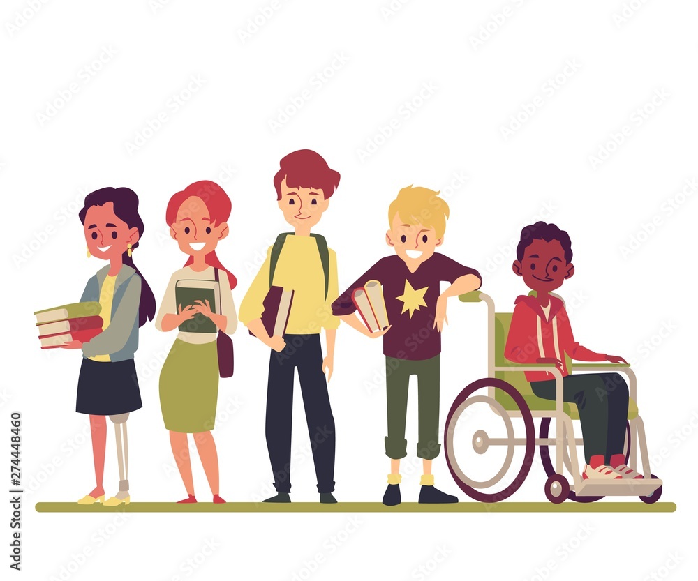 A boy is disabled in a wheelchair and a girl with prosthetic legs is standing with friends. A boy is disabled in a wheelchair and a girl with prosthetic legs is standing with friends.