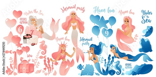 Mermaid party - cute cartoon character set in pink and blue