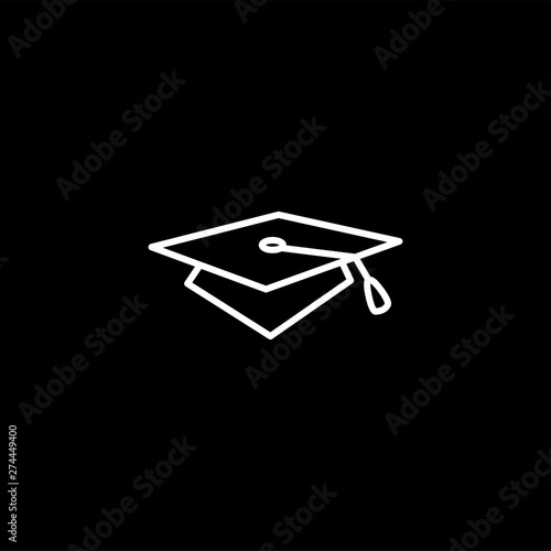 Graduation Hat Line Icon On Black Background. Black Flat Style Vector Illustration.