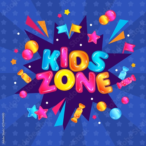 Kids zone fun play area banner sign. Colorful child entertainment game room sticker with confetti explosion