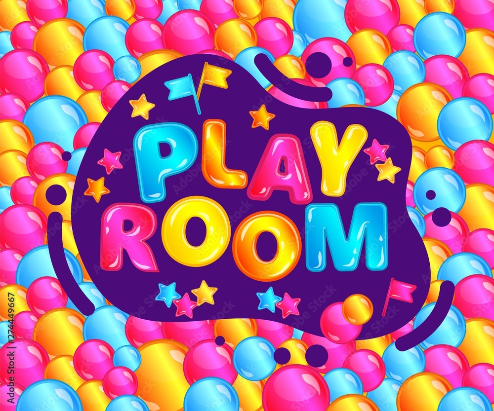 Play room banner for fun kids game zone, cute text sticker with confetti on colorful bubble background Play room banner for fun kids game zone, cute text sticker with confetti on colorful bubble background