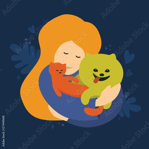 Cute girl hugging cat and dog. Vector illustration of happy lovely pets. Design for dog sitter, walker, trainer, boarding, pet care, hostel, vet clinic. Picture about friendship for animal shelter.