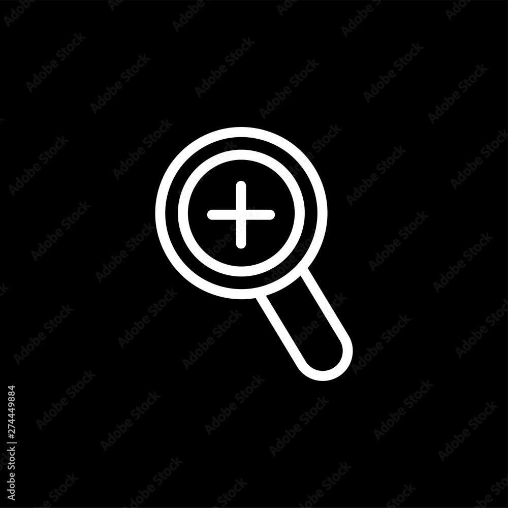 Magnifying Glass Plus Line Icon On Black Background. Black Flat Style Vector Illustration. Magnifying Glass Plus Line Icon On Black Background. Black Flat Style Vector Illustration.