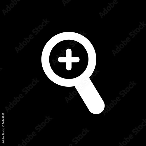 Magnifying Glass Plus Icon On Black Background. Black Flat Style Vector Illustration.