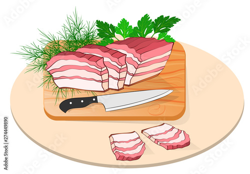 flaky lard on a board with a knife and greens
