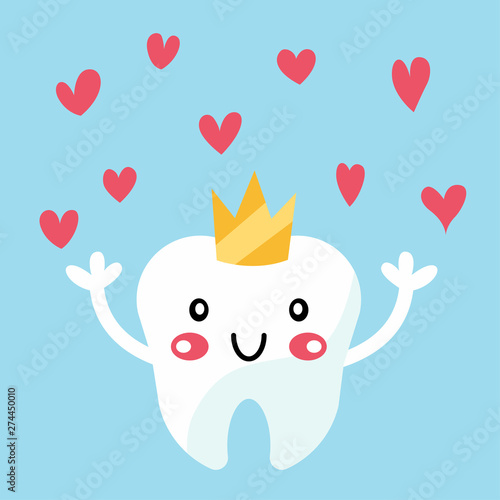 Cute tooth whitening cartoon character with pink doodle heart icon for dentistry in flat style vector illustration