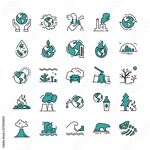 Colorful icon set of 20 pieces of vector icons isolated on a white background in a linear style on the theme of global pollution, ecology, problems of the planet.