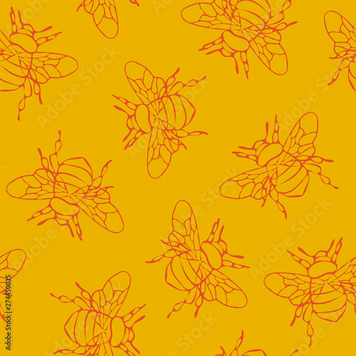 Simple bumblebee seamless pattern. Outlined bee on yellow background