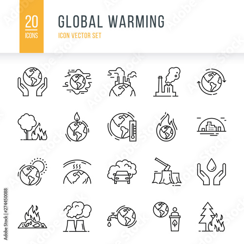 Icon set of 20 pieces of vector icons isolated on a white background in a linear style on the theme of global pollution, ecology, problems of the planet.