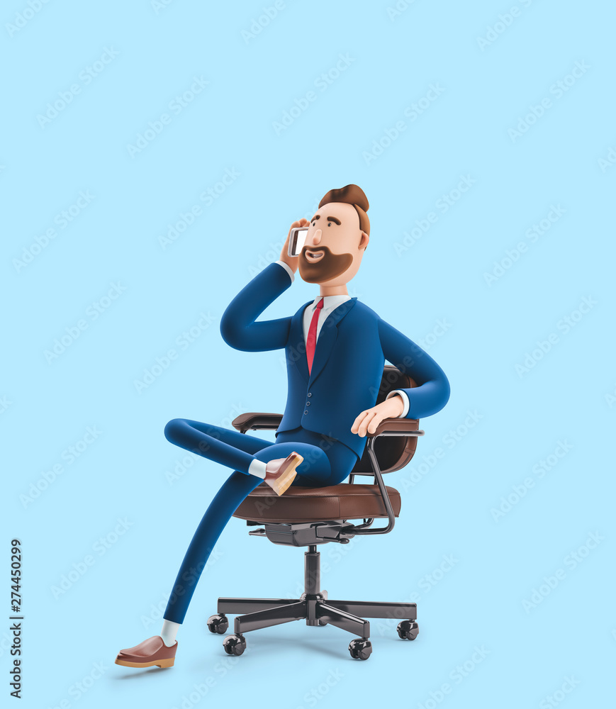 Portrait of a handsome cartoon character sitting in an office chair and talking on the phone. 3d illustration on blue background Portrait of a handsome cartoon character sitting in an office chair and talking on the phone. 3d illustration on blue background