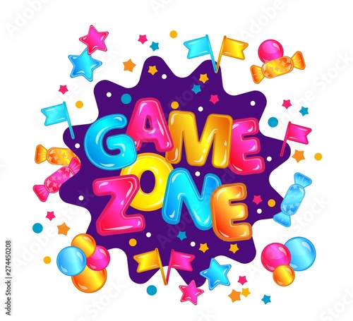Isolated game zone banner sticker with fun text, star candy confetti explosion and colorful bubbles
