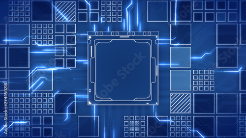 Abstract Motherboard circuit with CPU, microchips and animated electric signals 3d render photo