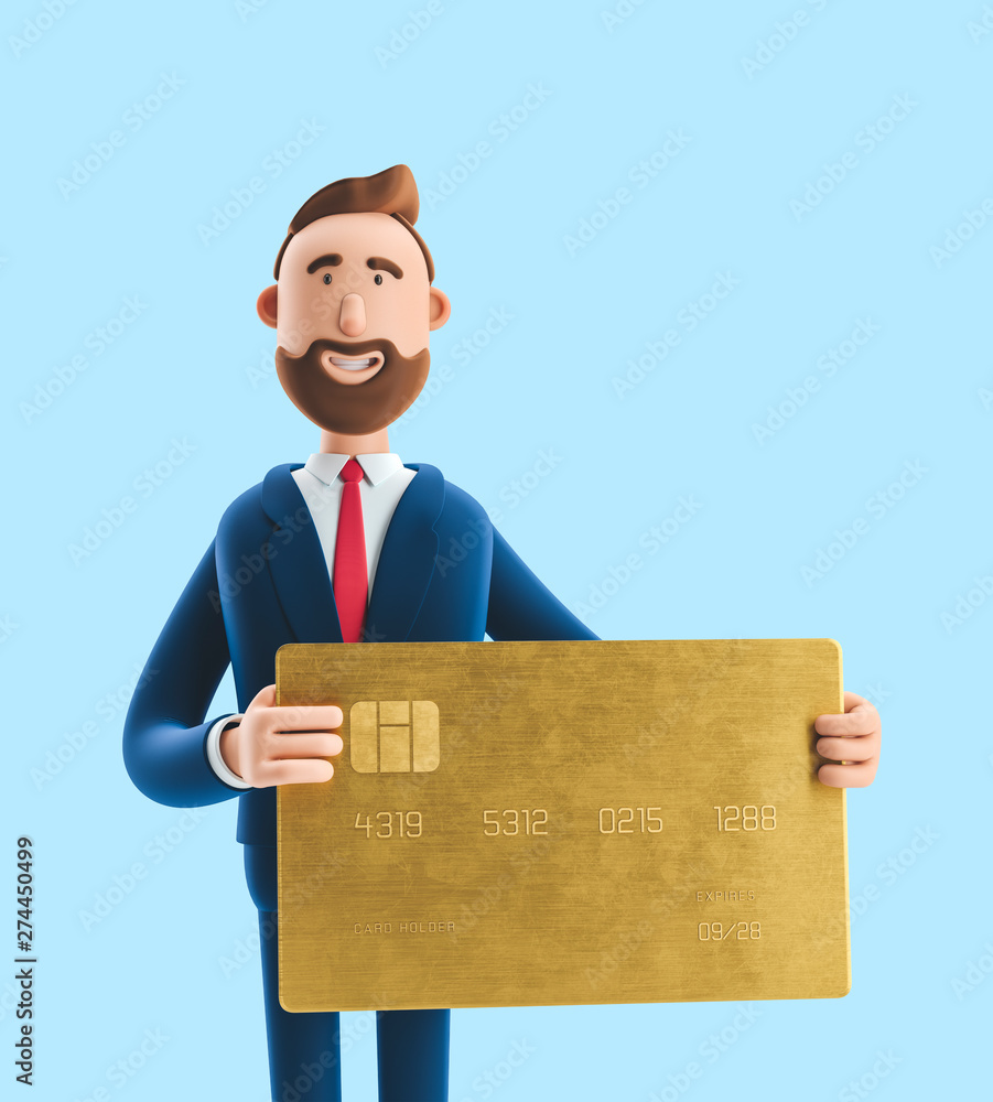 Businessman Billy with gold credit card. 3d illustration on blue background Businessman Billy with gold credit card. 3d illustration on blue background