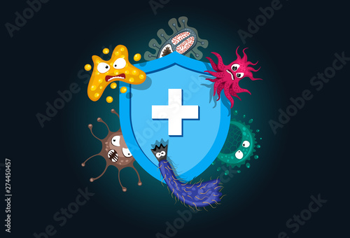 Immune system concept. Hygienic medical blue shield protecting from virus germ and bacteria. Flat vector illustration on dark background
