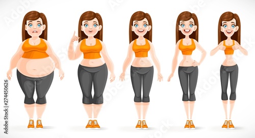 Cute girl in tracksuit standing straight before and after  losing weight progress isolated on white background. Weight loss stages before and after