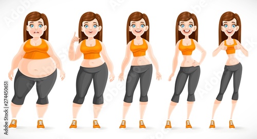 Cute girl in tracksuit losing weight progress isolated on white background. Weight loss stages before and after