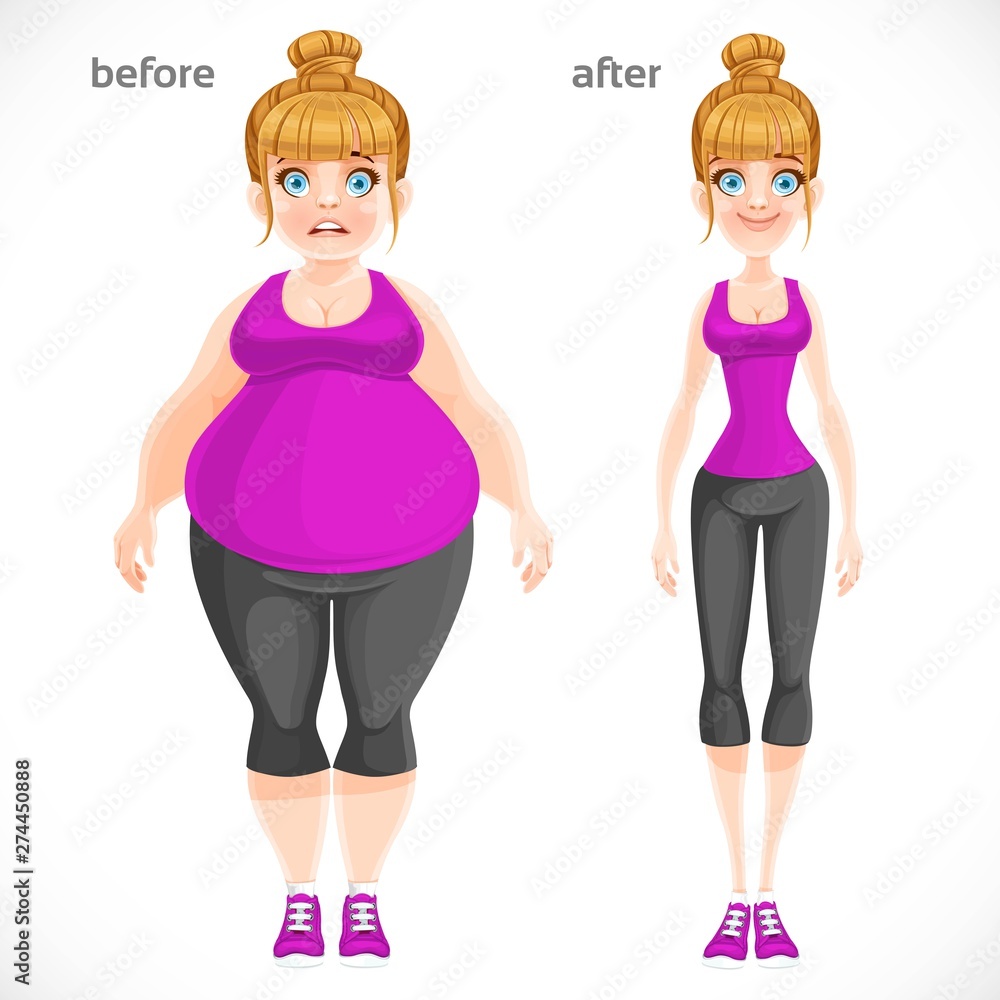 Cute blond girl very full before and thin after losing weight in a tracksuit isolated on white background Cute blond girl very full before and thin after losing weight in a tracksuit isolated on white background