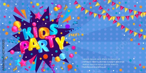 Kids party invitation flyer banner with text template, fun game zone confetti explosion card with colorful cartoon text