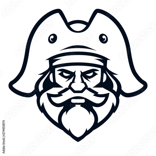 Professional logo pirate, sport mascot. Vector illustration, isolated on white background. Simple shape for design emblem, icon, symbol, sign, badge, label, stamp.