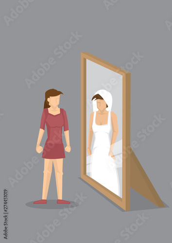 Cartoon Woman Sees Herself as Bride in Mirror Vector Illustration
